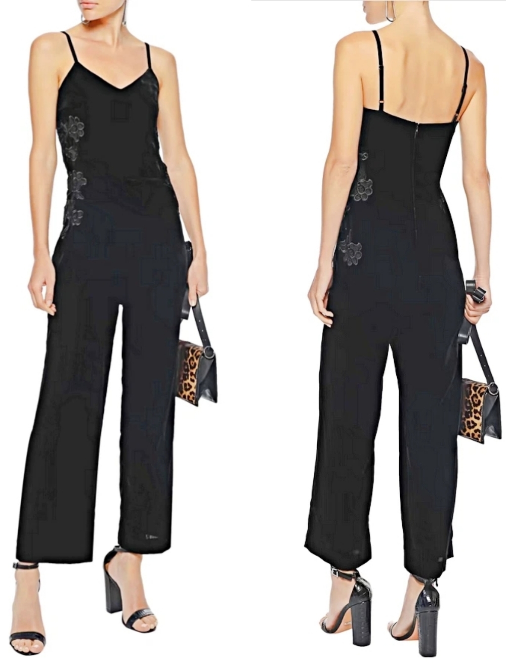 Sandro Black Velvet Sleeveless Jumpsuit with Floral Side Detail Size 6 - Picture 2 of 15